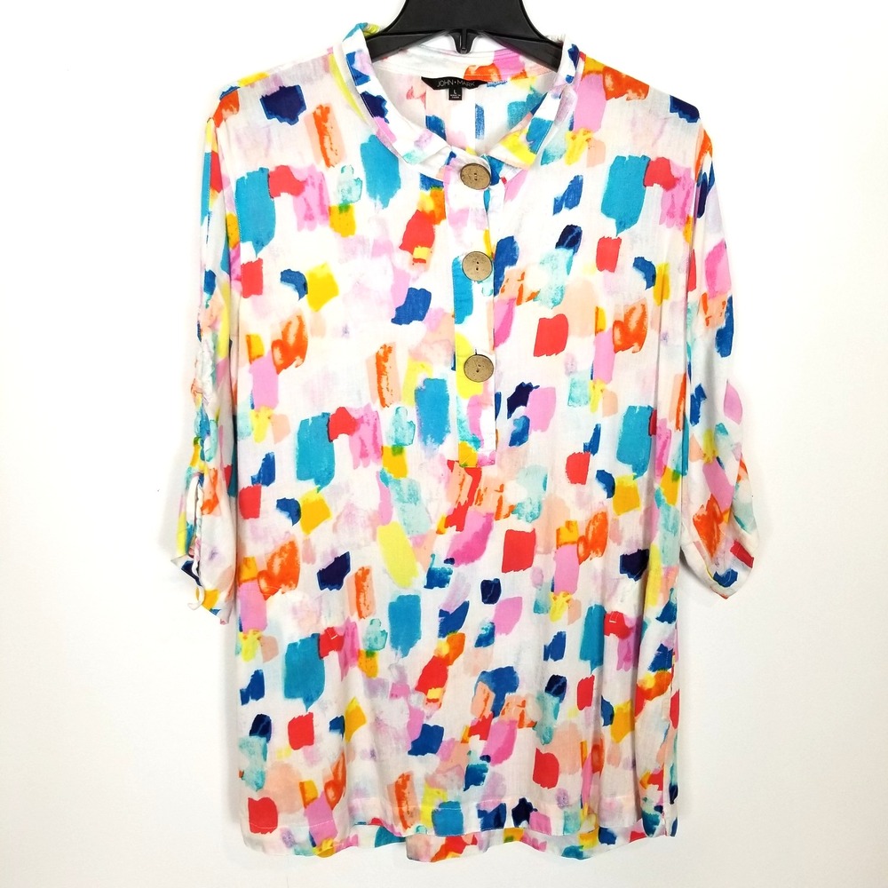 John Mark Women Watercolor Abstract Print Linen Blend Blouse Top Sz L Artsy Boho